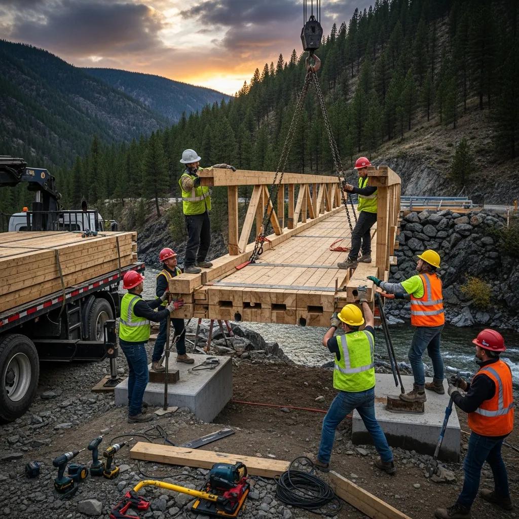 Workers installing a modular timber bridge in rugged terrain, showcasing ease of assembly and teamwork