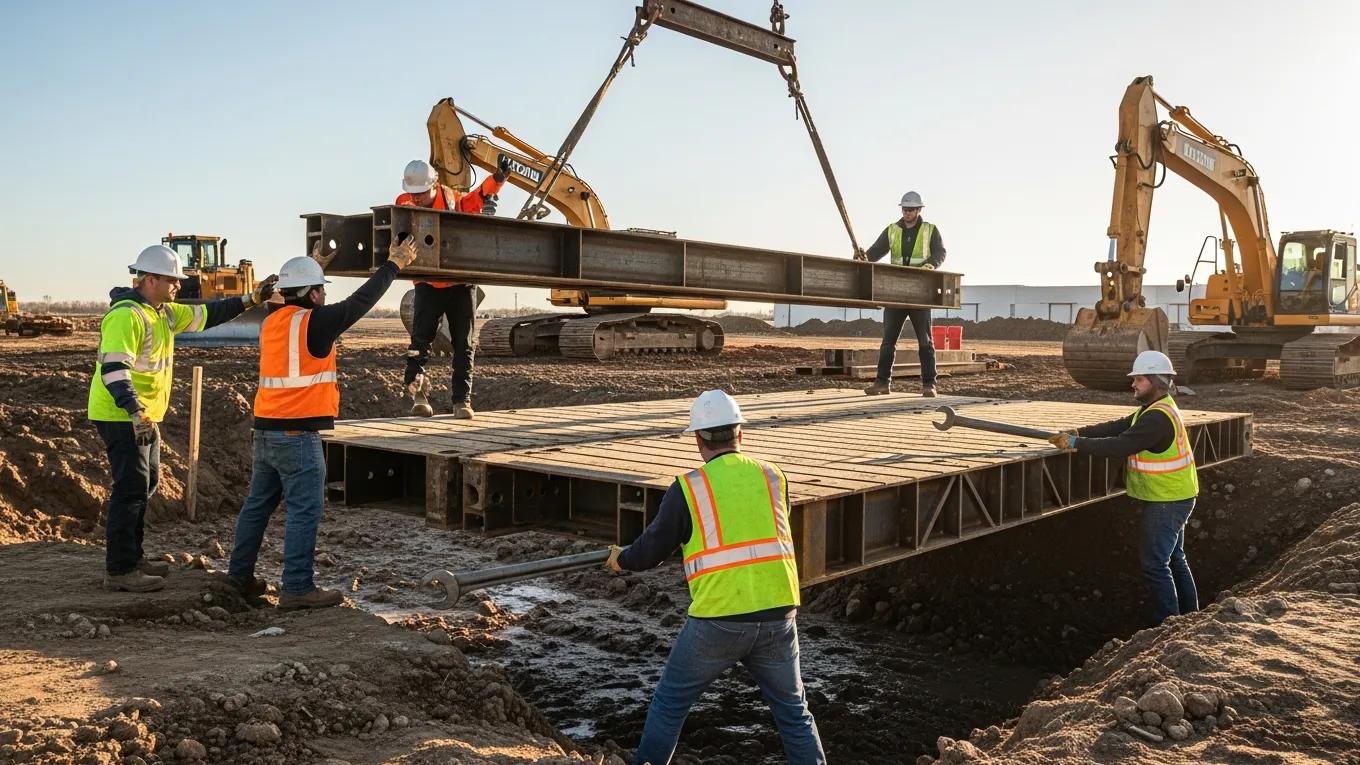 Workers inspecting a temporary access bridge for safety compliance